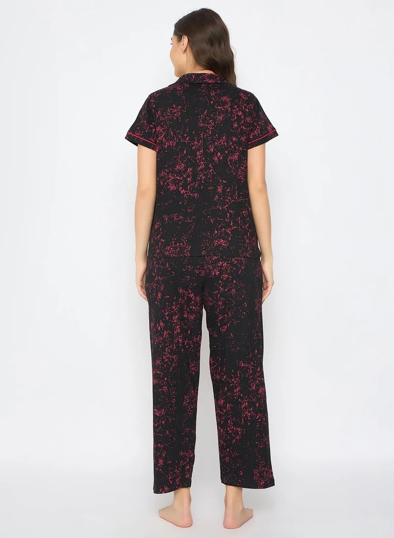 Clovia Black Printed Button Down Night Suit in Black - 100% Cotton for Women | Best Price UAE